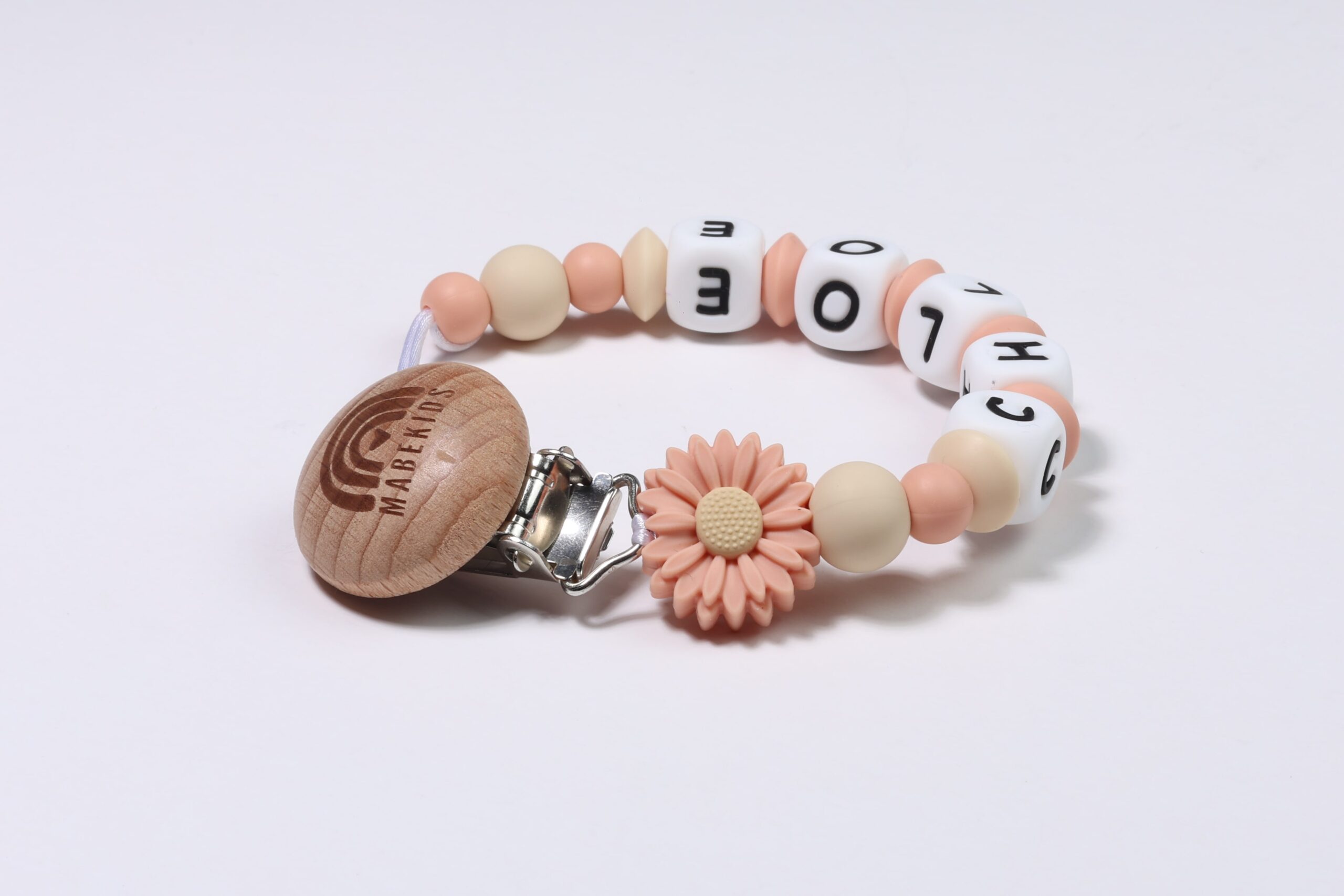 Chupetero Nombre Personalizado silicona Salmon Beige Daisy - Imagen 2